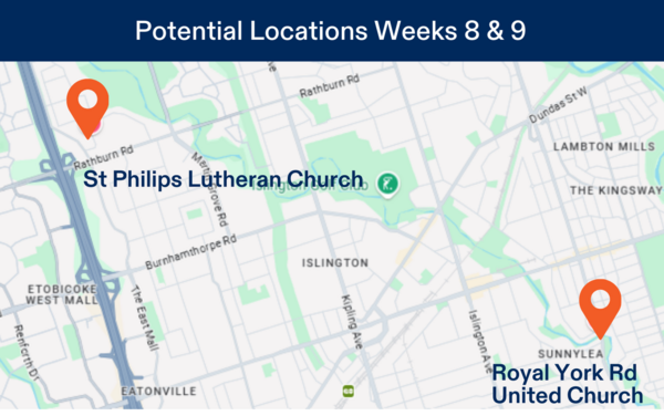 Map of potential camp locations for Etobicoke Camp Location August 18 to 29