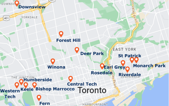 Map of kids Swim Program Locations in Toronto Fall 2025