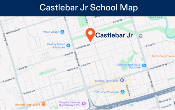 Map of Etobicoke Camp Location for June 30 - August 15 - Castlebar Jr School