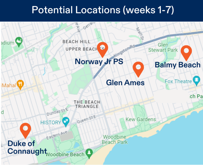 Map of potential camp locations for Beaches Camp Location for June 30 - August 15