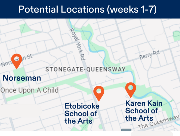 Map of potential camp locations for Etobicoke Camp Location for June 30 - August 15