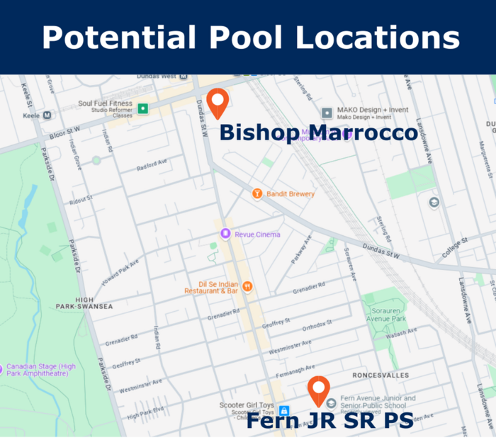 Map of potential swim camp locations for Roncesvalles 2025