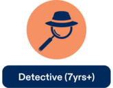 Image of magnifying glass with detective hat and link to detective camp page