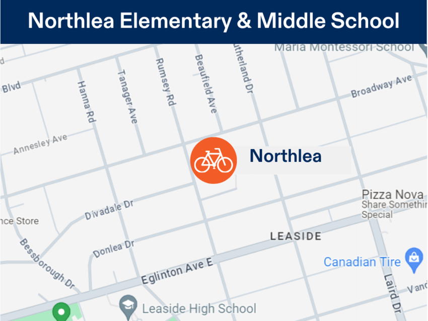 Leaside Area, Northlea PS Toronto Learn to Bike Program Location Map