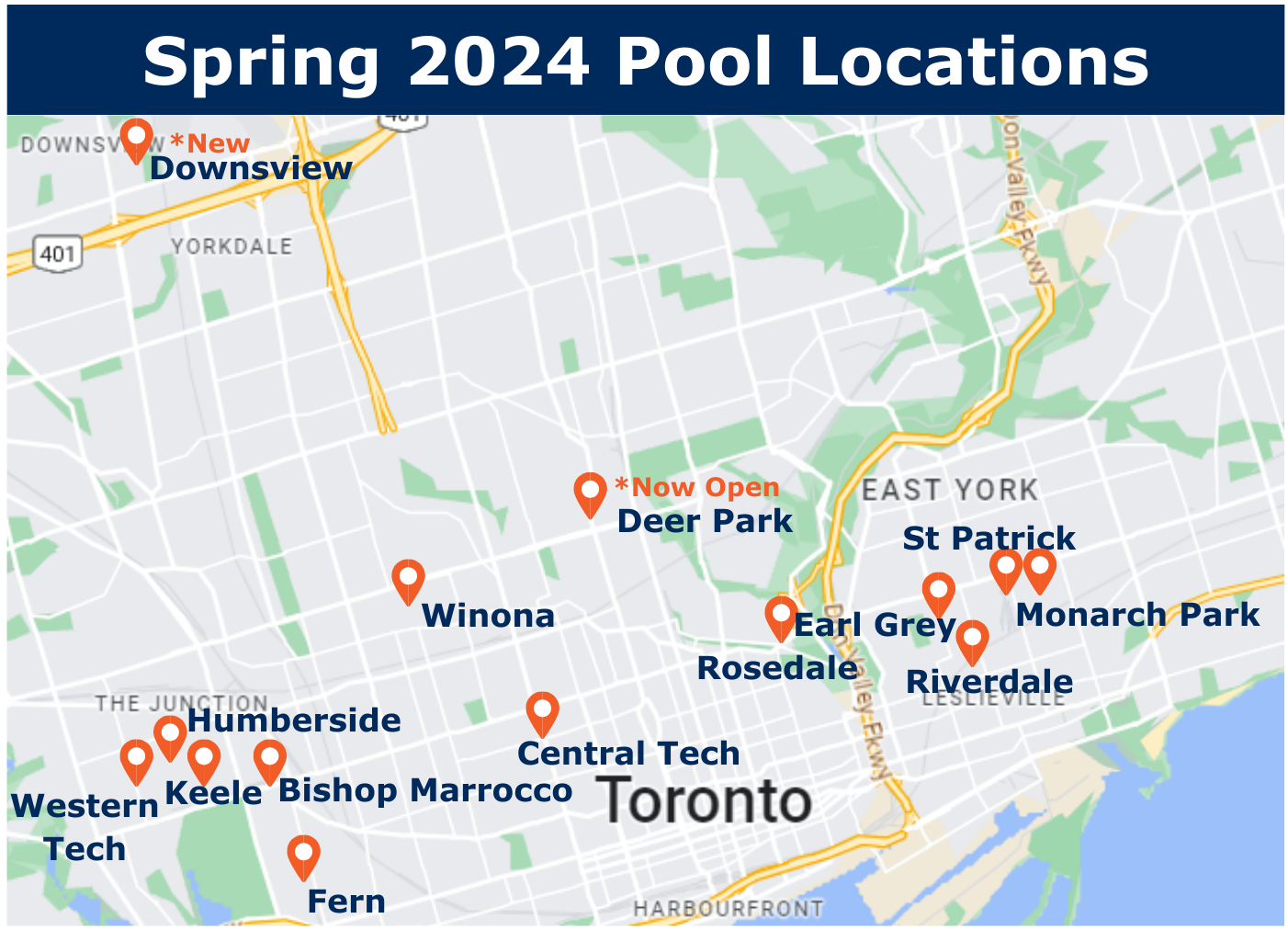 Spring 2024 Swimming Lesson Pool Locations Map for Toronto