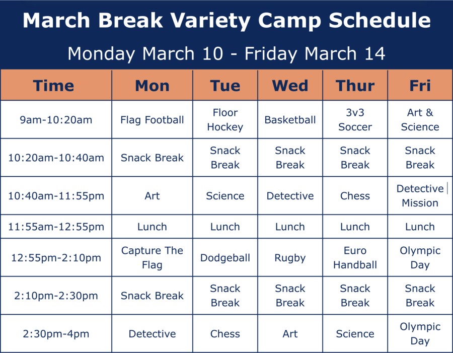 Science, Detective, Soccer, Basketball & Art, March Break Schedule 2025