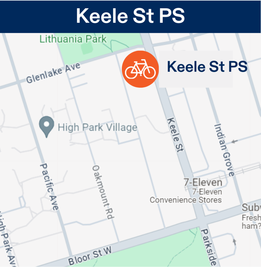 High Park Area, Keel St PS in Toronto Learn to Bike Program Location Map