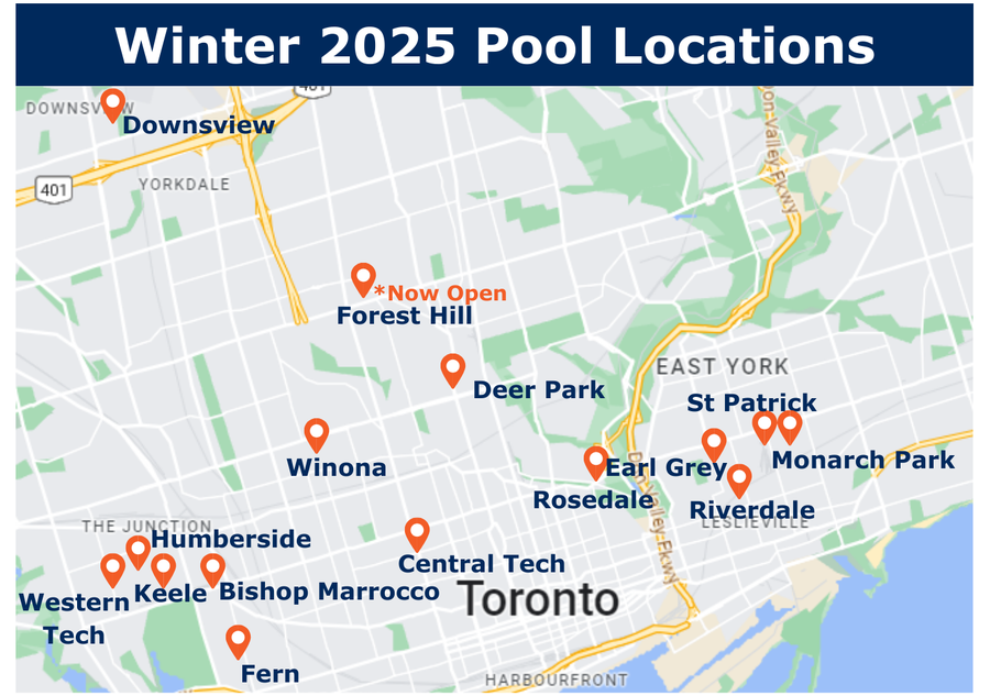 Winter 2025 Swimming Lesson Pool Locations Map for Toronto