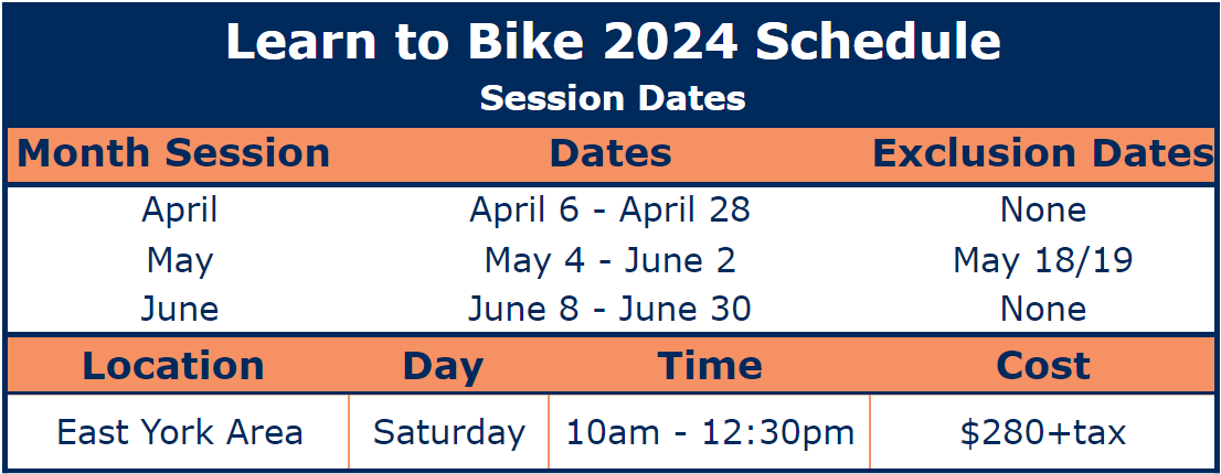 East York, Toronto, Learn to Bike Spring 2024 Schedule