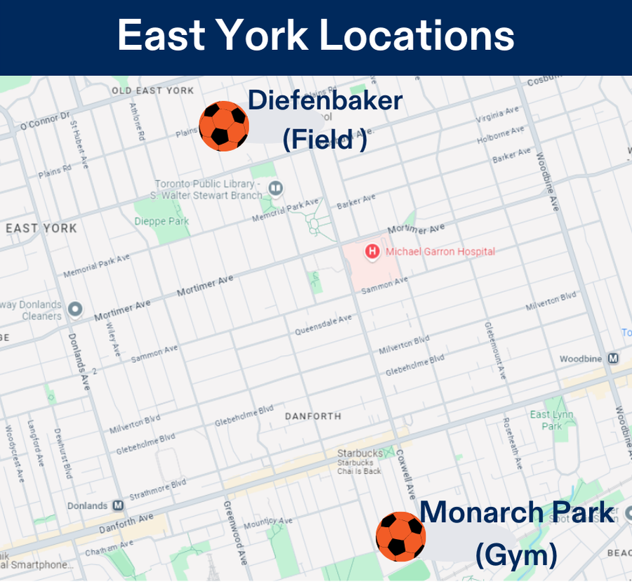 East York Soccer Locations Map for Diefenbaker Public School and Monarch Park Collegiate