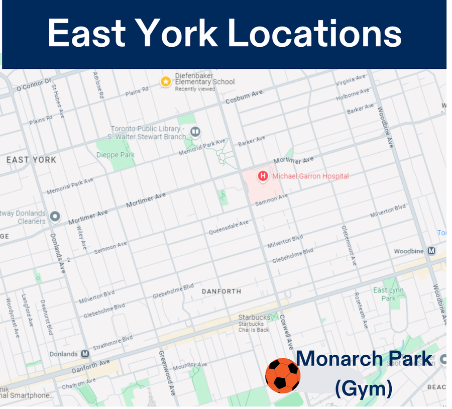 East York Soccer Locations Map for Monarch Park Collegiate